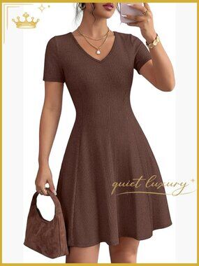V Neck Ribbed Knit Mini Dress Flowy A Line Short Sleeve Summer Work Dress